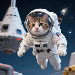 a photo of a cat in a space suit near a space ship, 4 k, unreal engine 6, hyper realistic, hyper detailed, coherent, vibrant colors,