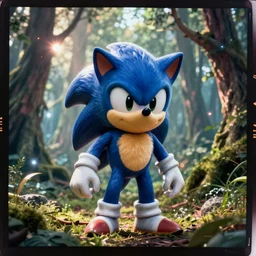 ektachrome medium format provia film still of a sonic the hedgehog blue forewst creature with fangs and claws, faded glow, anomorphic lens flare, creepypasta