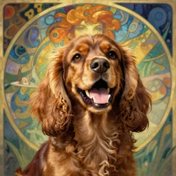 portrait of happy laughing brown cockerspaniel with a background in the style of mucha