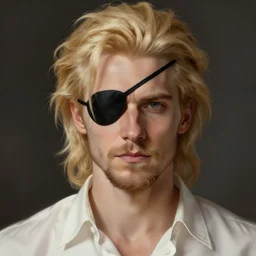 blonde wild hair man with a little beard, one black eye - patch, plain white shirt, close - up portrait, powerfull, intricate, elegant, volumetric lighting, scenery, digital painting, highly detailed, artstation, sharp focus, illustration, concept art, ruan jia, steve mccurry