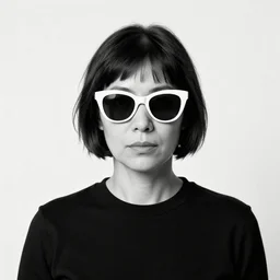 A woman wearing sunglasses designed by Ryoji Ikeda, portrait, by Diane Arbus