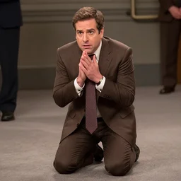 Andy Richter wearing a brown suit and necktie kneeling on the ground on both knees with a pleading look on his face.