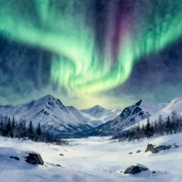 aurora borealis over snowy mountains. watercolor, gothic horror, limited but vibrant palette, backlighting, depth of field.
