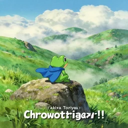 squaresoft ( ( akira toriyama ) ) chronotrigger!! tiny frog character, blue cape!!, seated on top of a rock next to a lush green hillside, valley clouds, a detailed painting by hayao miyazaki, pixiv contest winner, plein air, official art, detailed painting, wanderer above the sea of fog