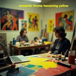 dramatic scene shallow depth of field medium shot uncanny surreal photograph of a colorful intimate art studio in 1 9 9 5 titled'romantic theme becoming yellow ', photographed by william eggleston and ken price and man ray, grainy shocking detail trending on artstation 8 k
