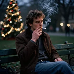 man sitting on park bench on christmas eve smoking cigarette. cigarette glowing embers smoke volumetric c4d. harsh lighting, live action photo 1993 film. bokeh Christmas lights in the background