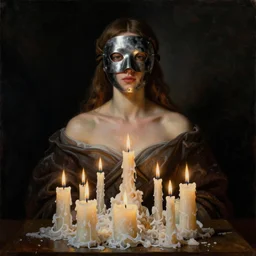 Beautiful woman in steel mask covered with wax from many burned candles, by Nicola Samori, Ilya Repin, William Blake, Michelangelo da Caravaggio, black background, full body portrait, highly detailed oil painting, trending on artstation, 4k, masterpiece