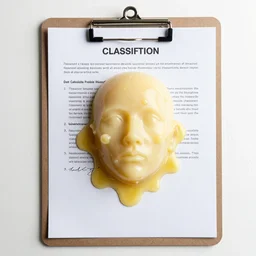 A classified CIA document in a clipboard of a human face melting like wax,