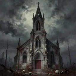 a painting of a creepy abandoned church with a skulls on it, a matte painting by chris labrooy, trending on artstation, gothic art, anime aesthetic, apocalypse art, official art
