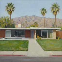 an oil painting of a mid century modern house designed by both frank lloyd right and richard sera in palm springs