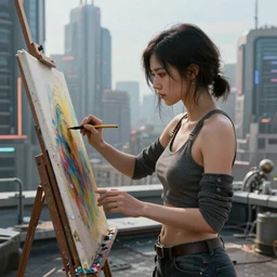 realistic female artist painting on a canvas on the rooftop of a cyberpunk city, artstation trends, sci fi concept art, highly detailed, intricate, sharp focus, digital art, 8 k,