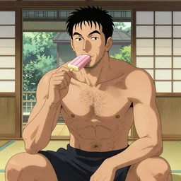muscular man sitting down with a popsicle in mouth, tan skin, stubble, black hair, hairy chest hair, detailed traditional Japanese house, drawn by Tetsuo Hara, 4K