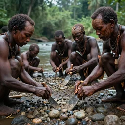 prehistoric people, asemble at the river bank, make stone adze from pebble at the river bank in the rainforest, high qulity realistic face, hyper - realistic, highly detailed, 8 k, cinematic lighting, global illumination, elegant, ornate, super detail, the light is dim, and the colours are muted. kodak etkar 1 0 0