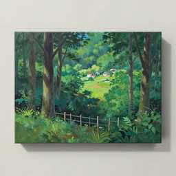 gouache painting of forest panorama ground with fence and village in far distance, matte backdrop painting by makoto shinkai