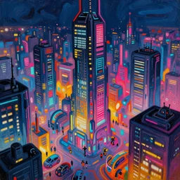 futuristic sci-fi city at night with bright neon lights contrasting heavily with dark ominous buildings in three point perpective, in the style of esao andrews, oil painting, pop surrealism, cartoon-tainted abstract surrealism, vibrant, contrast, 4k, volumetric, HDR, crisp, detailed, beautiful, dynamic, colorful, spacious, reflective windows, futuristic cars, people, robots