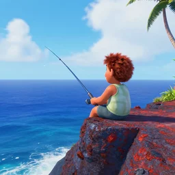 maui character in the style of pixar, sitting on a volcano edge, fishing in the ocean