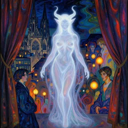 woman in transparent vaporous night gown with demonic luminescent white apparition, with city with gothic cathedral seen from a window frame with curtains. night, vivid iridescent psychedelic colors, lamps. fra angelico, munch, egon schiele, henri de toulouse - lautrec, utamaro, monet, agnes pelton