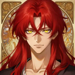 portrait of hisoka morow hunter hunter, male, thin lips very sharp jaw yellow eyes narrow sultry eyes red hair soft hair tousled crimson medium length hair, anime, fantasy, intricate, elegant, highly detailed, digital painting, artstation sharp focus, madonna art by artgerm and greg rutkowski and alphonse mucha