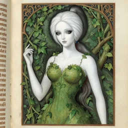 a stunningly detailed illuminated manuscript of a beautiful alyson hannigan dressed as poison ivy with white skin and with hair pulled up in a ponytail, dark eyeliner, intricate, elegant, highly detailed, digital painting, artstation, concept art, sharp focus, illustration, art by greg rutkowski and alphonse mucha