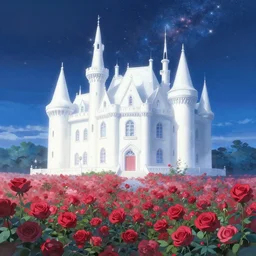 inside of a simple and atmospheric white castle, very very beautiful dream, sea of flowers, red roses, beautiful starry sky, the stars shining, diffuse, by makoto shinkai