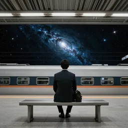 a man in a suit waiting at a train station with a view of outer space across from him