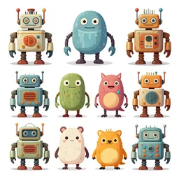 game asset sheet, 2 d sprite, art deco era robots, monsters, cute animals, unlovable tricksters