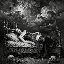 By Tom Bagshaw, ultra realist soft painting of curiosities carnival by night, very beautiful horn single female gothic wearing corset sleeping on a overlord of the dead bed, symmetry features, very intricate details, omnious sky, black and white, volumetric light clouds