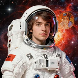 portrait of a young astronaut Danny devito, last exile, yoshitoshi abe, alphonse mucha, loish, murata range, synthwave, cosmic,red white and black color scheme, orange highlights, studio lighting, manga, anime, vibrant, beautiful,  dreamy, gradation, ((space nebula background))