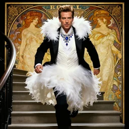 hyperrealistic portrait of a man as jeff goldblum running down a staircase noir white swan dress wearing sapphire jewellery feather collar by jeremy mann and alphonse mucha, fantasy art, photo realistic, dynamic lighting, artstation, poster, volumetric lighting, very detailed faces, 4 k, award winning
