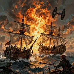 epic naval battle, pirate galleons and tie fighters. by artstation trending, by joseph mallord william turner, luis royo, konstantin razumov, cinematic lighting, fractal flame, highly detailed