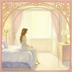a lonely girl in a liminal hotel room, watercolor by botticelli, limited color palette, very intricate, art nouveau, highly detailed, lights by hopper, soft pastel colors, minimalist
