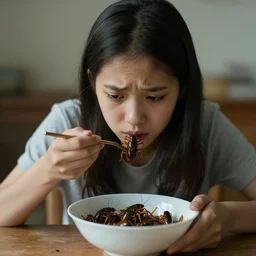 a sad girl eating a bowl of cockroaches