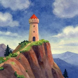 tower with an arch on a cliff of a mountain in watercolor, claymation style, colourful, volumetric light,, dramatic light, analogue photo, vfx art, digital painting, digital illustration, unreal engine render