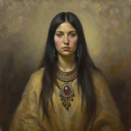 portrait a female shaman goddess warrior, oil on canvas, by jeffrey catherine jones and winslow homer and ben aronson