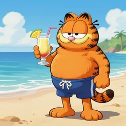 the grim reaper wearing garfield swim trunks at the beach and drinking a piña colada