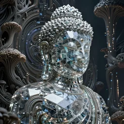 a epic sakyamuni, the founder of buddhism in cyberpunk style temple, dystopian, cyberpunk, organic fractal mycelum and fungi, mecha, halfturn portrait of a big crystal face made of crystals half - turn, ominous, intricate, studio, art by anthony macbain + greg rutkowski + alphonse mucha, concept art, 4 k, sharp focus