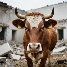 ww 2 photograph of a buff cow staring at the camera, building rubble