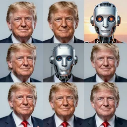 portrait mosaic of trump with robot eyes, 4k, intricate details, digital, sun in the background