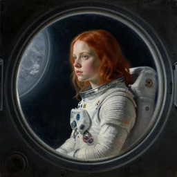 a window - lit realistic portrait painting of a thoughtful girl resembling a young, shy, redheaded alicia vikander or millie bobby brown wearing a futuristic skintight spacesuit by a lit round space station porthole, highly detailed, intricate, by vermeer, and donato giancola
