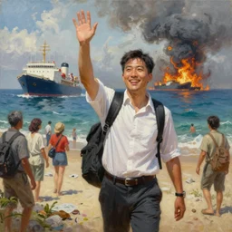 ( ( a beautiful 8 k photorealistic masterpiece oil painting ) ( of ( young professor who is leaving the mainland to go to a new island, waving happily to the mainlanders ) ( ships sinking, hurricanes and wild fires in in the background ) ) ( hyperrealism ) ( 1 6 k ) ( trending on artstation )