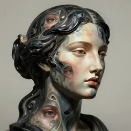 epic concept art. abstract female face silhouette mixing with black and color liquid fluid. abstract sculpture. art deco swirls. masterpiece by michelangelo. concept art, matte painting, close up portrait photography by amy leibowitz, multiple female eyes. greg rutkowski, 3 d, wlop, victo ngai, greg ruthkowski
