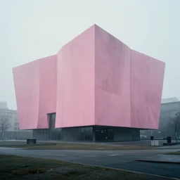 parametric architecture museum. the museum stands in a city. facade in faded pink fabric, morning fog, 1 6 mm camera lens, cinematic