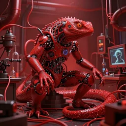 only with red, a red lizardman in symbiosis with technology, red wires, in a red laboratory, dorohedoro vibes, in the style of beksinski, parts by edward hopper, parts by michael sowa, parts by yue minjun, intricate composition, red by caravaggio, highly quality, highly detailed, masterpiece, red light, artstation, 4 k