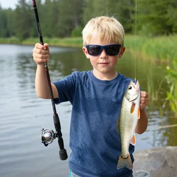 Canadian blond kid with blue eyes wearing sunglasses carrying a fishing rod on one hand and fish on the other near a lake.