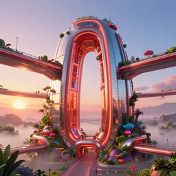 highly detailed futuristic architecture by I. M. Pei, reflective lighting, stylized vegetation, sky bridges, ground-level view, foggy atmosphere, stunning sunny lighting, sunrise, vivid colors, in the style of pixar animation, trending on Artstation, 8k, matte painting, ray tracing, hyper detailed, unreal engine 5, cinematic, epic lighting, cryengine, octane render, cyberpunk, red and orange glow, vibrant