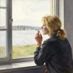 blonde woman smoking a cigarette while looking out through the window, swedish countryside, seaview, morning, calm, watercolor painting by vladimir volegov, carl larsson, anders zorn - n 9