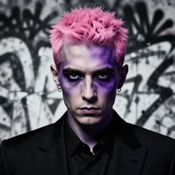 highly detailed closeup portrait of cool djinn with pink hair really short gradient, cool old guy, black suit by atey ghailan, by greg rutkowski, by greg tocchini, by james gilleard, by joe fenton, by kaethe butcher, gradient dark purple, black and white color scheme, grunge aesthetic!!! ( ( graffiti tag wall background ) )