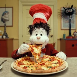 the pizza creature eats, film still from the movie directed by wes anderson and david cronenberg with art direction by zdzisław beksinski and dr. seuss
