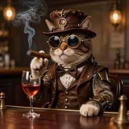 A realistic style, steampunk cat , sitting at a bar, smoking a cigar, enjoying a glass of wine, Michelangelo