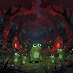 resolution 4k hyper realistic dead of night wonder of exploration vast sky pepe frog cool colors of a swamp made in abyss design Akihito Tsukushi design Narehate dream like storybooks damp swamp village at night fire flies luminous red dead 2 clothing dream like ethereal esoteric pepe the frog family village , dark, red woods Canopy , unnerving , disheartening , lonely , sad ,Luminism, prismatic , fractals , pepe the frog , art in the style of Dave sim , Akihito Tsukushi and Arnold Lobel